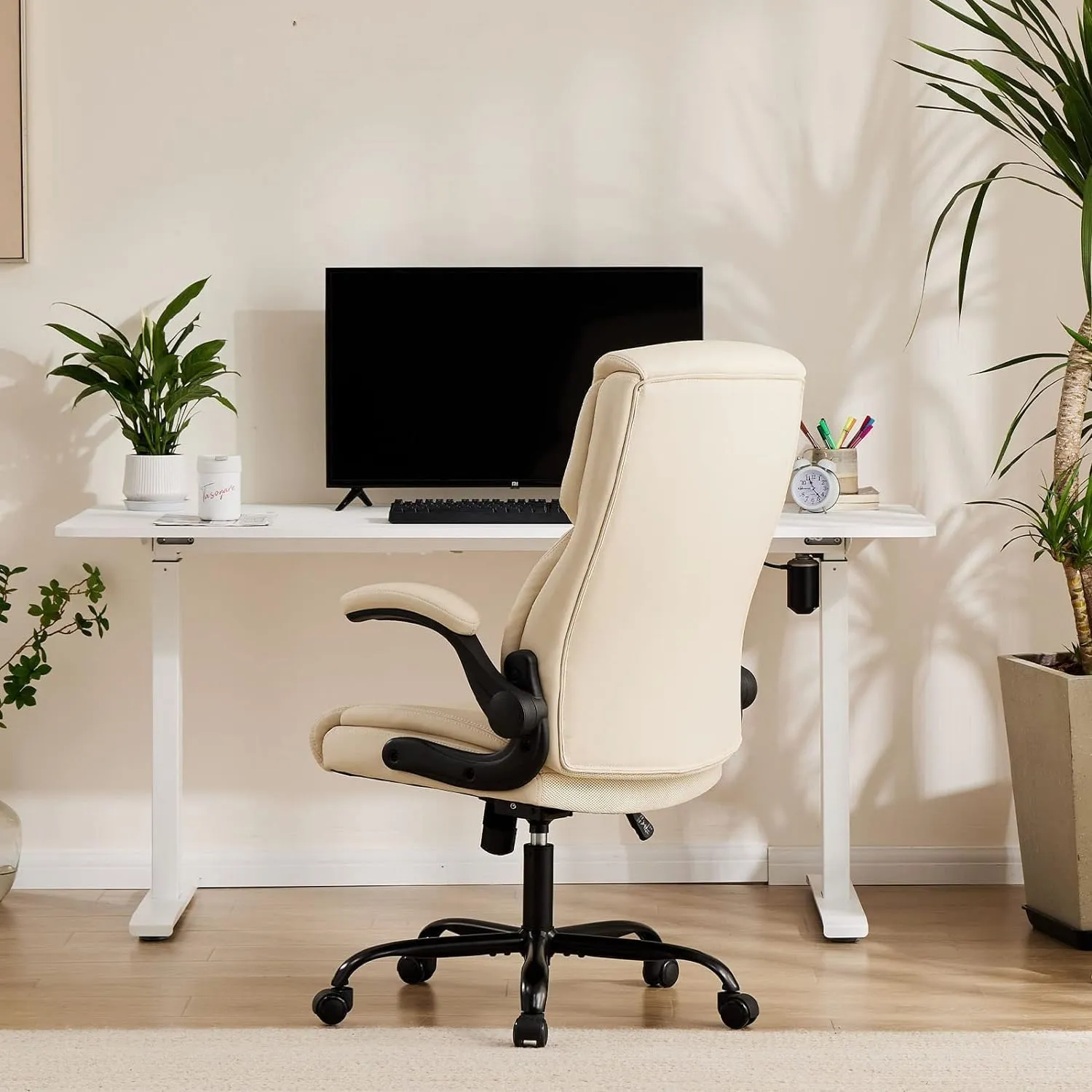 Sweetcrispy Ergonomic Office Chair Heavy Duty Task Desk Chair with Flip-up Arms, PU Leather, Adjustable Swivel Rolling Chair with Wheels, White