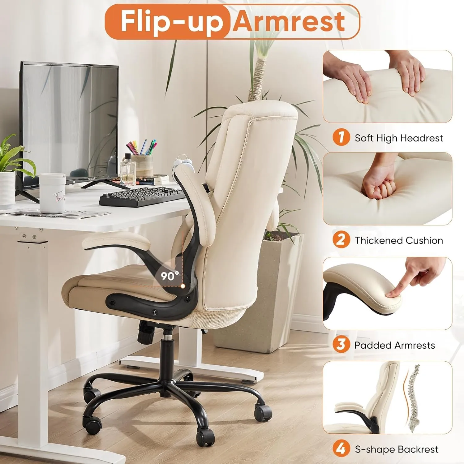 Sweetcrispy Ergonomic Office Chair Heavy Duty Task Desk Chair with Flip-up Arms, PU Leather, Adjustable Swivel Rolling Chair with Wheels, White