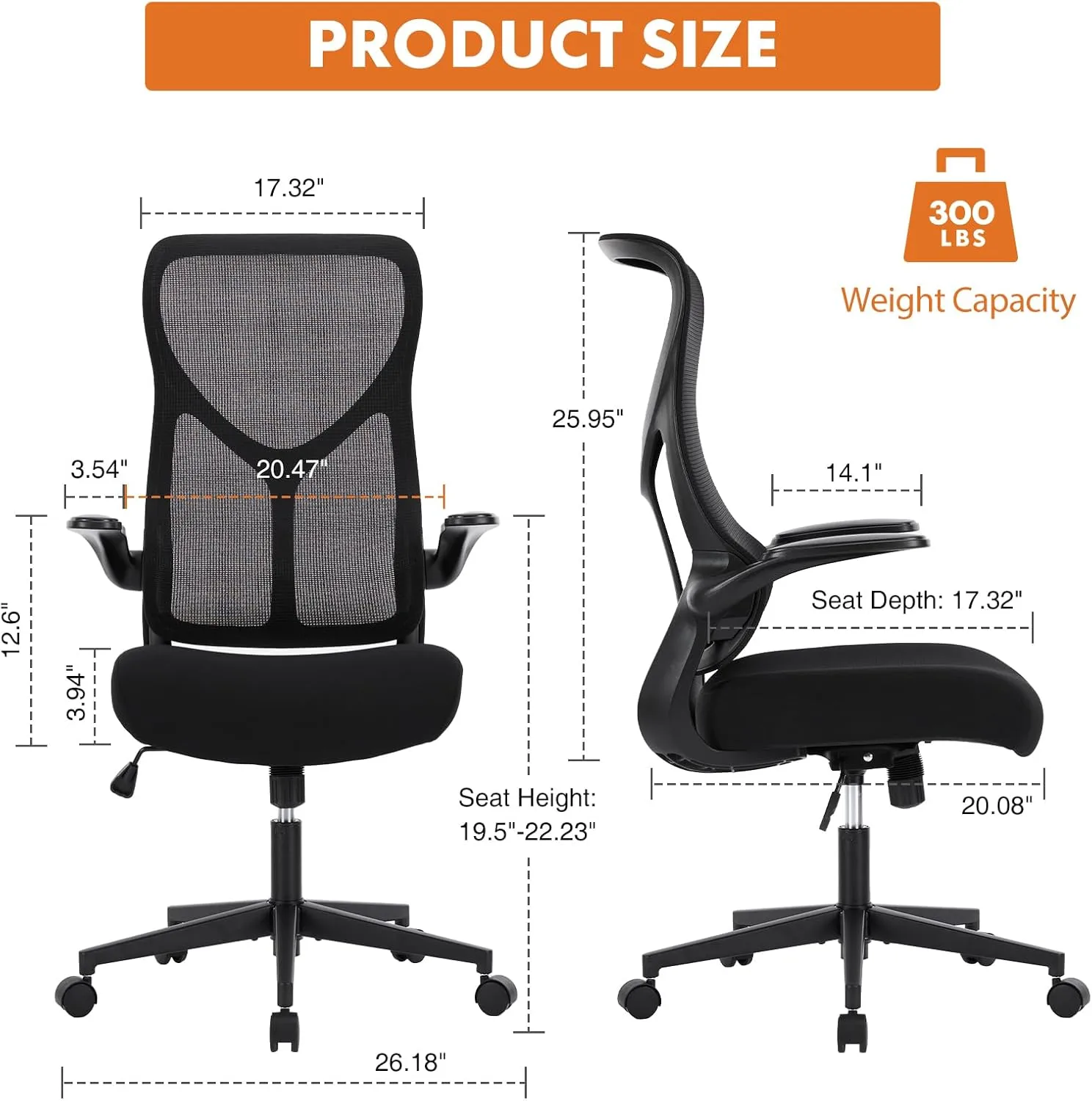 Sweetcrispy Ergonomic Office Desk Computer Chair, Comfy High Back Swivel Rolling Home Mesh Gaming Chairs with Wheels, Lumbar Support, Flip-up Arms,120°tilt for Bedroom, Study, Work, Black