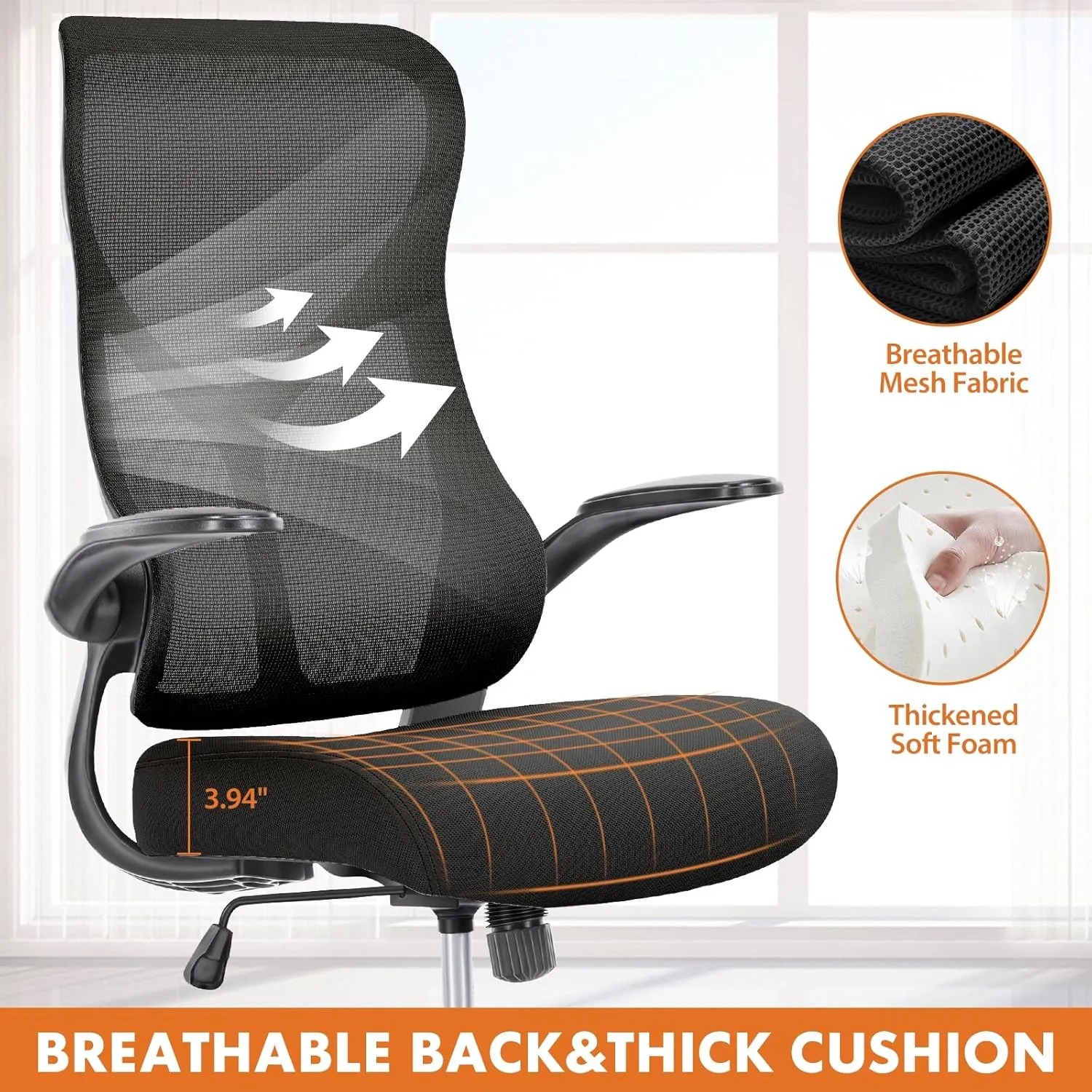 Sweetcrispy Ergonomic Office Desk Computer Chair, Comfy High Back Swivel Rolling Home Mesh Gaming Chairs with Wheels, Lumbar Support, Flip-up Arms,120°tilt for Bedroom, Study, Work, Black