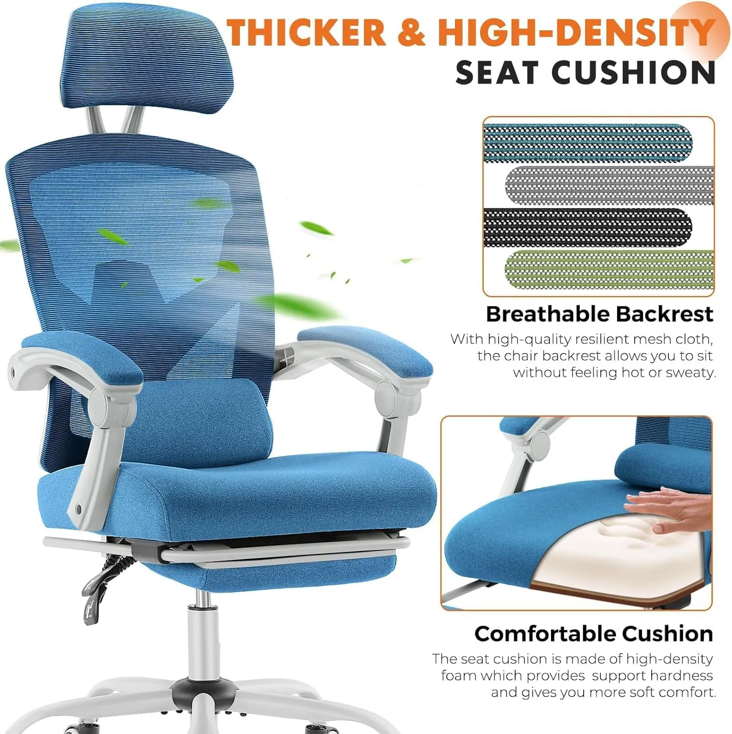 Sweetcrispy Office Computer Desk Chair with Footrest,Ergonomic High-Back Mesh Rolling Work Swivel Chairs with Wheels,Comfortable Lumbar Support,Comfy Arms for Home,Bedroom,Study,Student,Light Blue