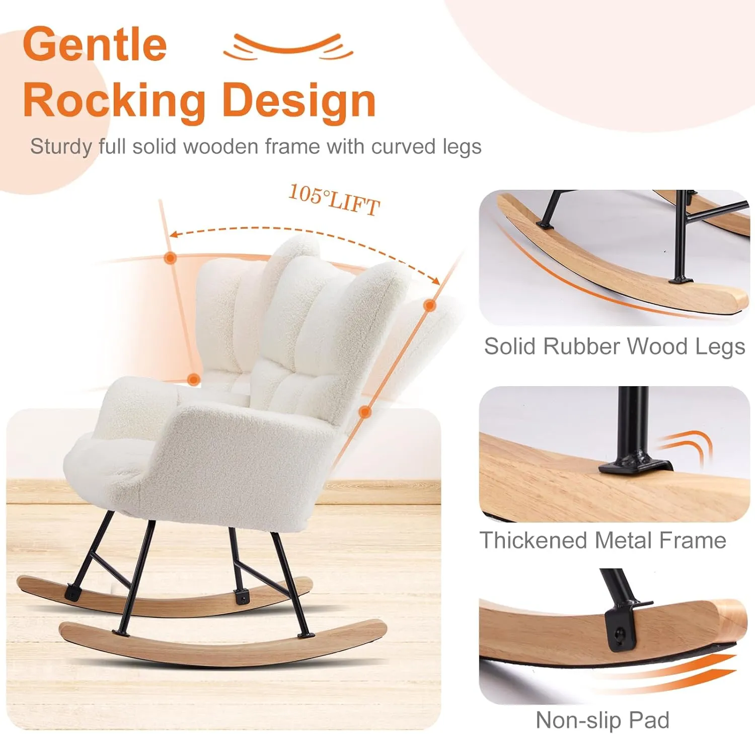 Sweetcrispy Rocking Chair Nursery, Teddy Upholstered Glider Rocker with High Backrest, Reading Chair Modern Rocking Accent Chairs Glider Recliner for Living Room, Nursery, Bedroom