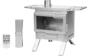Sweety Portable Outdoor Fireplace, Titanium Tent Wood Stove with Side Table, Secondary Intake, For Hot Tent Camping, Large Tent Heating, Cooking (Sweety, Titanium Rollup Pipe(9.8ft))