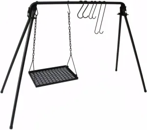Swing Campfire Grill Stand campfire cooking equipment Collapsible Carbon Steel open fire grill with 8 Hooks Black for Cookware & Dutch