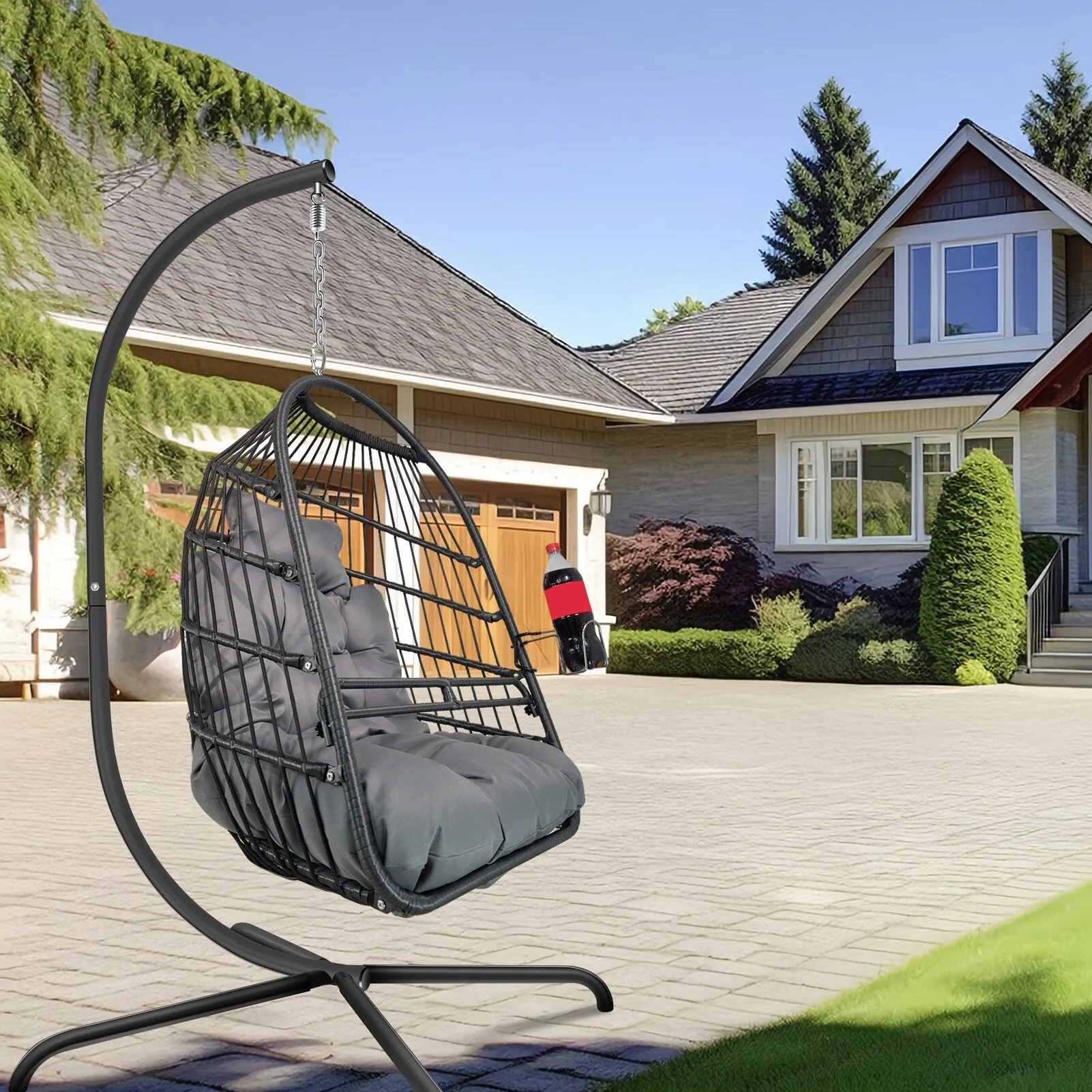 Swing Egg Chair with Stand Indoor Outdoor Wicker Rattan Patio Basket Hanging Chair