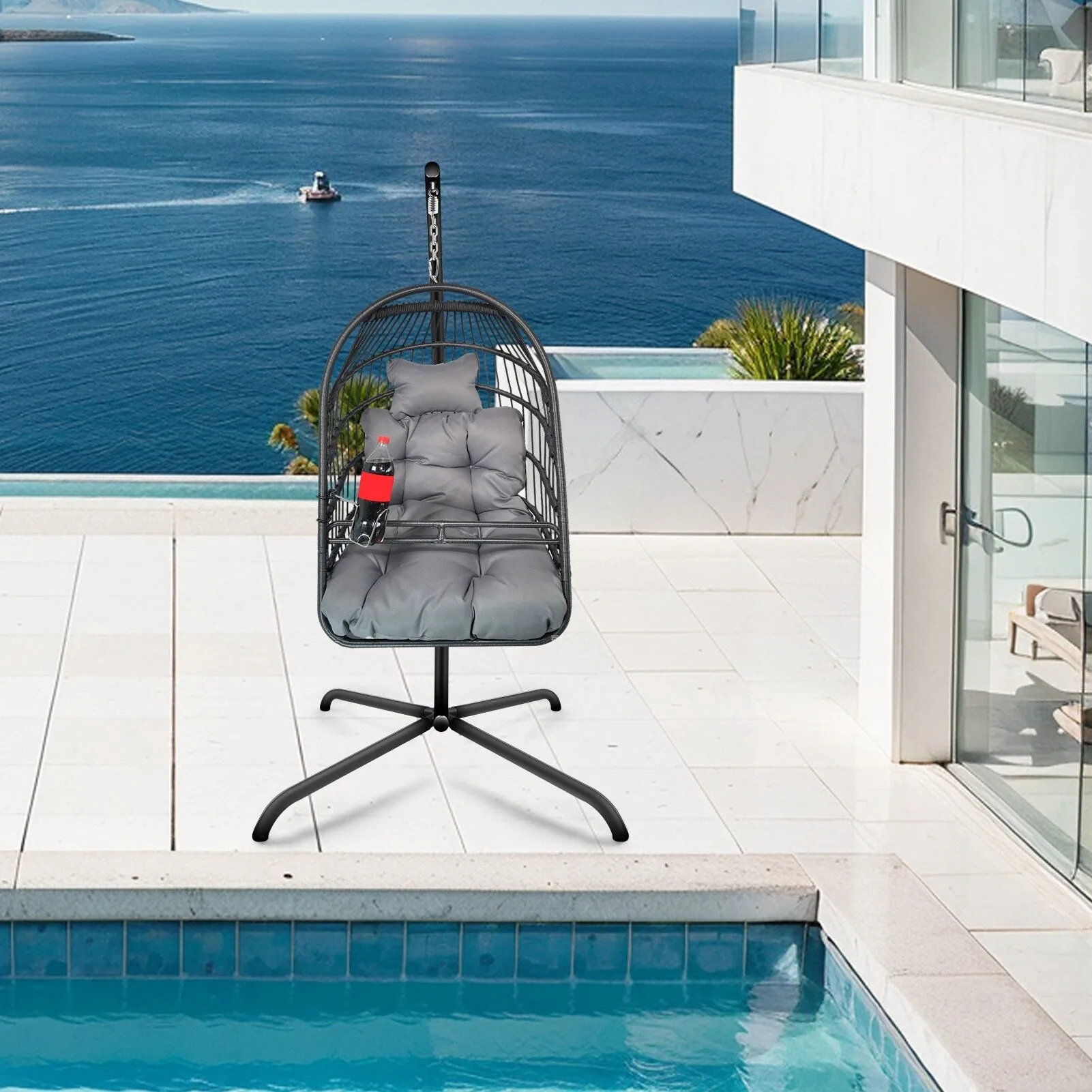 Swing Egg Chair with Stand Indoor Outdoor Wicker Rattan Patio Basket Hanging Chair