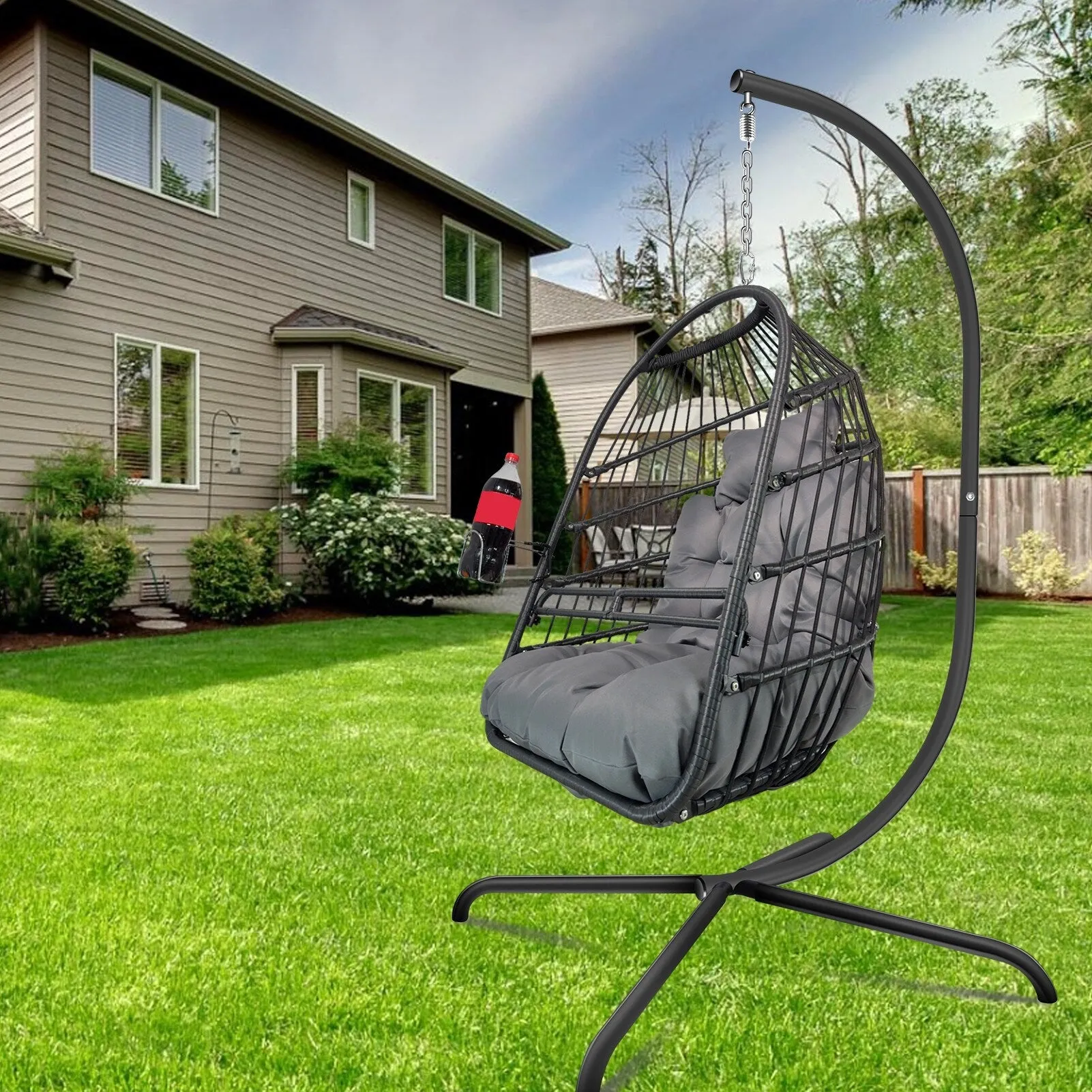 Swing Egg Chair with Stand Indoor Outdoor Wicker Rattan Patio Basket Hanging Chair
