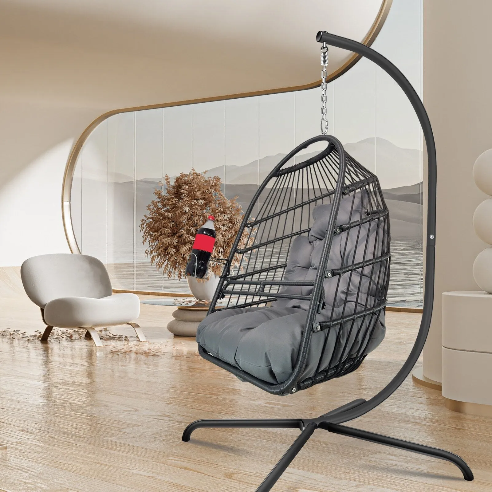 Swing Egg Chair with Stand Indoor Outdoor Wicker Rattan Patio Basket Hanging Chair