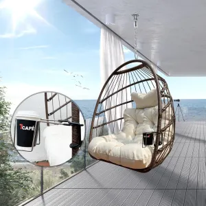 Swing Hammock Egg Basket Chairs Without Stand, UV Resistant Cushion Hanging Chair, Foldable Frame Elegant Wood-Grain Alloy Frame with Rattan Weaving for Indoor, Outdoor Relaxation (Beige Brown)