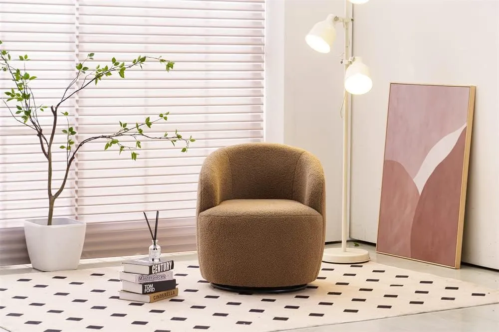 Swivel Accent Chair, Modern Teddy Fabric Upholstered Armchair Lounge Chair with Metal Base and Padded Cushion Comfy Single Sofa Chair with 360 Degree Swiveling Accent Chairs for Living Room, Chocolate