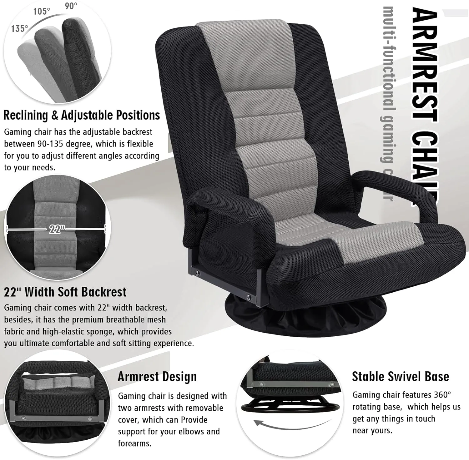 Swivel Floor Gaming Chair w/Armrests,Folding Video Reclining Sofa w/6 Adjustable Position, Padded Backrest & Cushion, Lazy Lounger Couch for E-Sports, Reading, Relaxing, Watching TV, Grey
