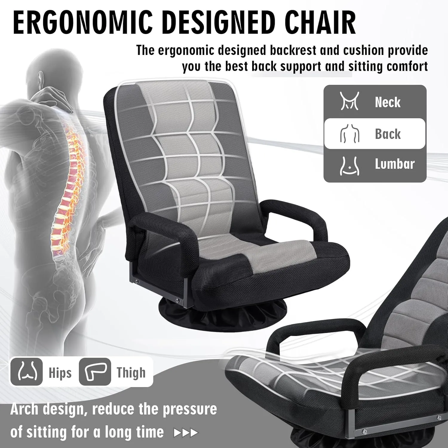 Swivel Floor Gaming Chair w/Armrests,Folding Video Reclining Sofa w/6 Adjustable Position, Padded Backrest & Cushion, Lazy Lounger Couch for E-Sports, Reading, Relaxing, Watching TV, Grey