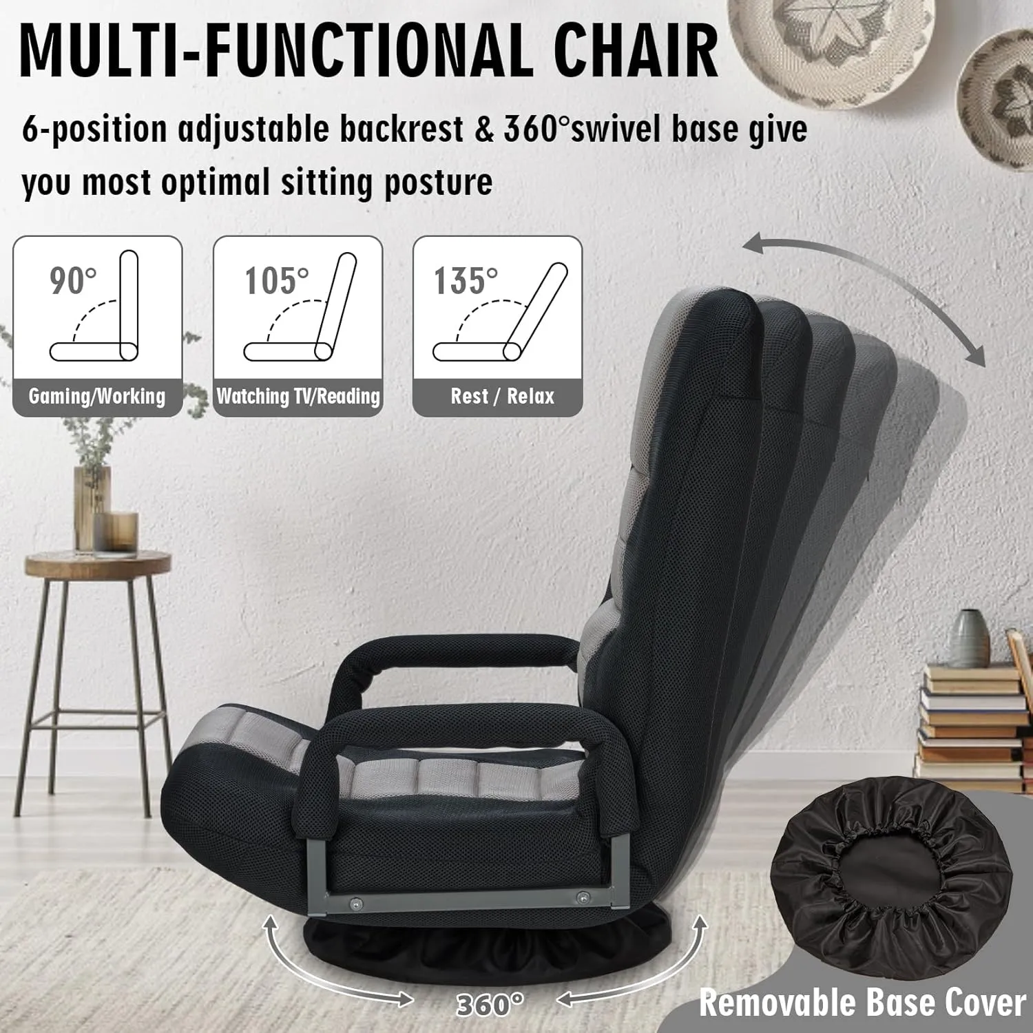 Swivel Floor Gaming Chair w/Armrests,Folding Video Reclining Sofa w/6 Adjustable Position, Padded Backrest & Cushion, Lazy Lounger Couch for E-Sports, Reading, Relaxing, Watching TV, Grey