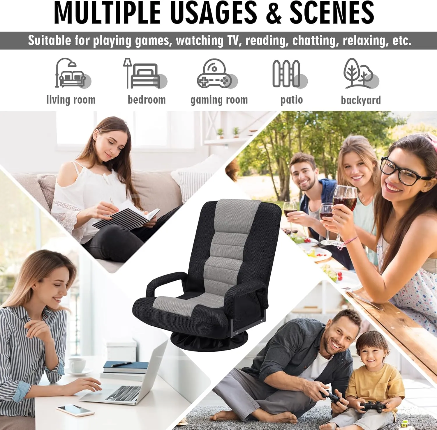 Swivel Floor Gaming Chair w/Armrests,Folding Video Reclining Sofa w/6 Adjustable Position, Padded Backrest & Cushion, Lazy Lounger Couch for E-Sports, Reading, Relaxing, Watching TV, Grey
