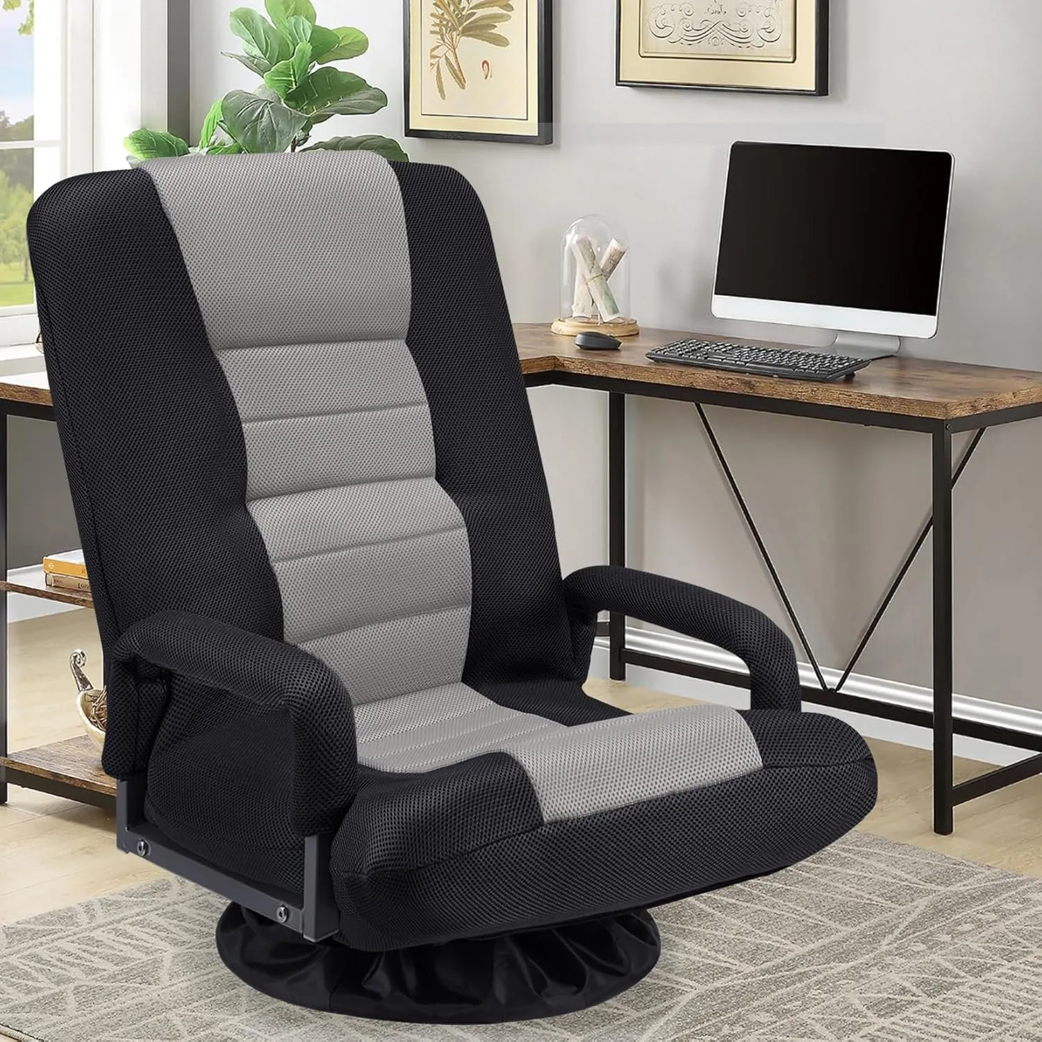 Swivel Floor Gaming Chair w/Armrests,Folding Video Reclining Sofa w/6 Adjustable Position, Padded Backrest & Cushion, Lazy Lounger Couch for E-Sports, Reading, Relaxing, Watching TV, Grey