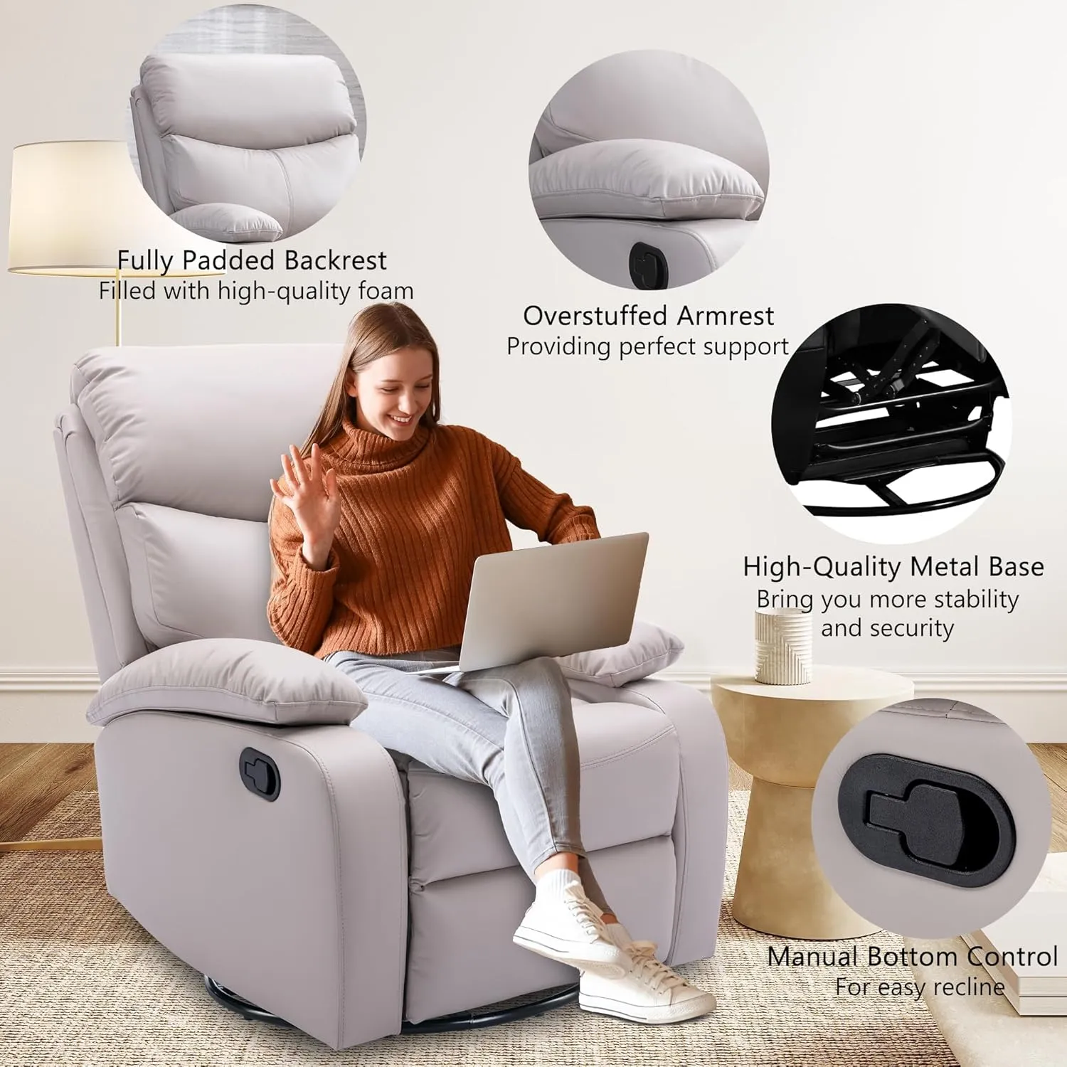 Swivel Rocker Recliner Chair for Adults, Rocking Small Recliner Chairs for Small Spaces, Glider Chairs Recliner Lazyboy Single Sofa for Nursery, Living Room, RV, Beige