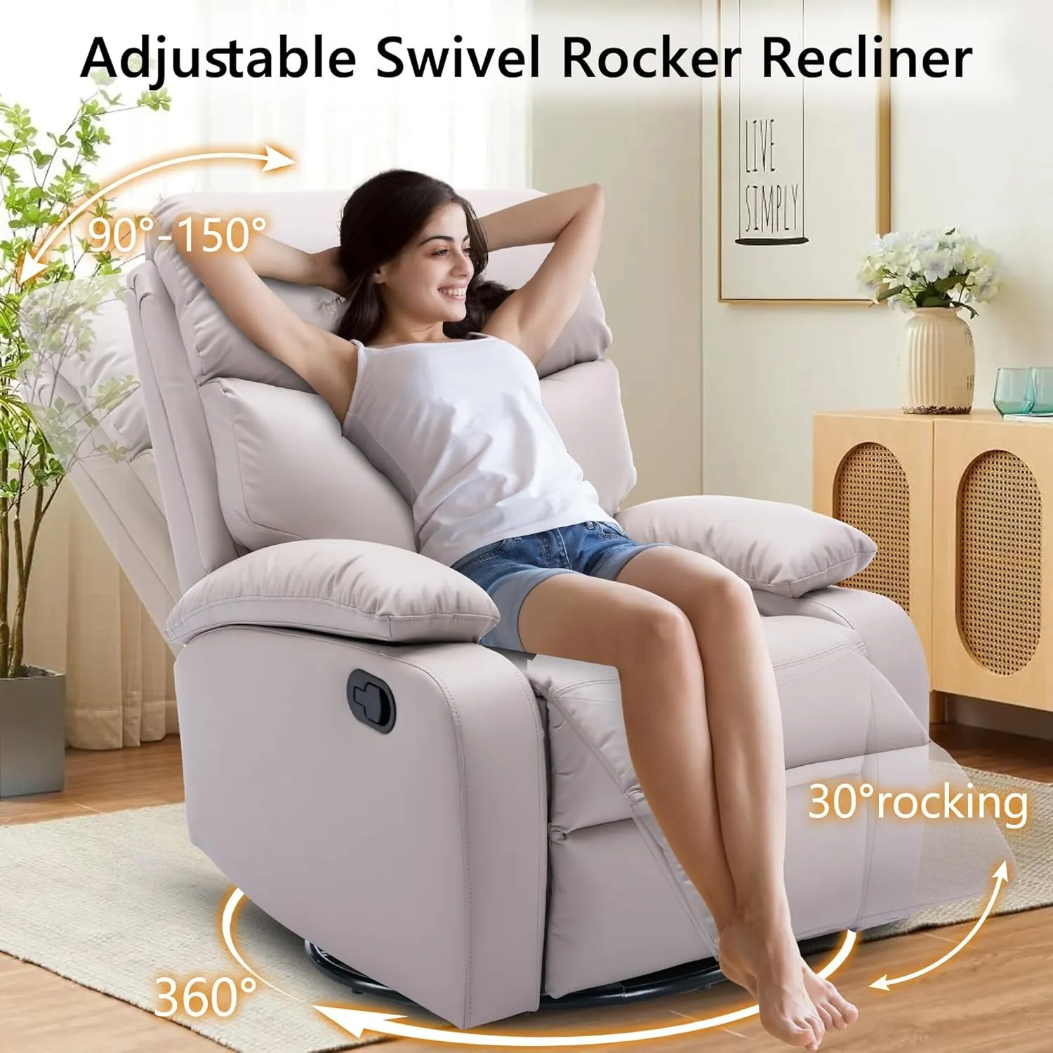 Swivel Rocker Recliner Chair for Adults, Rocking Small Recliner Chairs for Small Spaces, Glider Chairs Recliner Lazyboy Single Sofa for Nursery, Living Room, RV, Beige