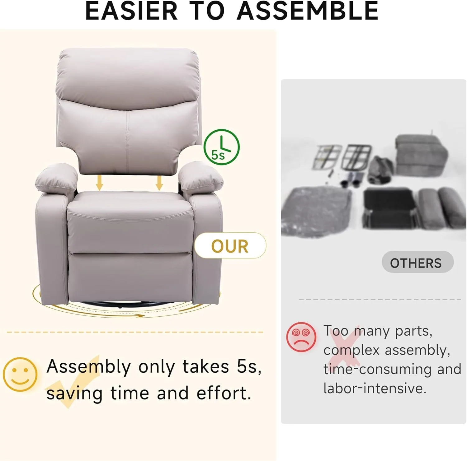 Swivel Rocker Recliner Chair for Adults, Rocking Small Recliner Chairs for Small Spaces, Glider Chairs Recliner Lazyboy Single Sofa for Nursery, Living Room, RV, Beige