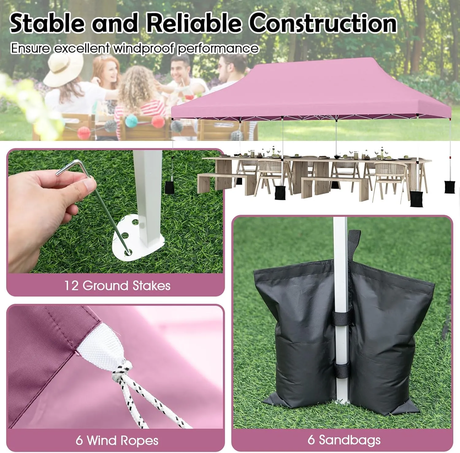 Tangkula 10x20 Ft Pop Up Canopy, Instant Setup Tent with 6 Sandbags, 12 Stakes & 6 Ropes, UPF 50  Portable Outdoor Canopy with Carrying Bag for Camp, Beach, Patio (Pink)