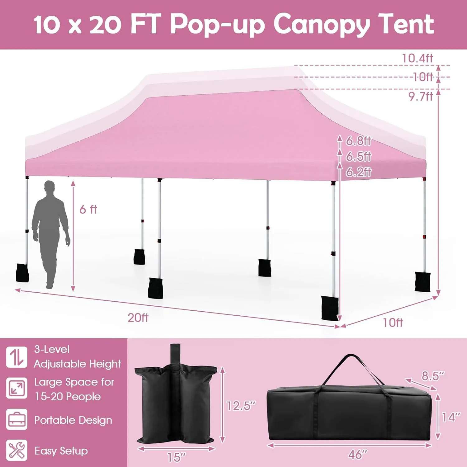 Tangkula 10x20 Ft Pop Up Canopy, Instant Setup Tent with 6 Sandbags, 12 Stakes & 6 Ropes, UPF 50  Portable Outdoor Canopy with Carrying Bag for Camp, Beach, Patio (Pink)