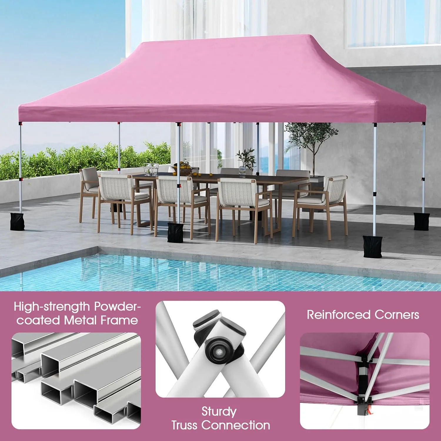 Tangkula 10x20 Ft Pop Up Canopy, Instant Setup Tent with 6 Sandbags, 12 Stakes & 6 Ropes, UPF 50  Portable Outdoor Canopy with Carrying Bag for Camp, Beach, Patio (Pink)