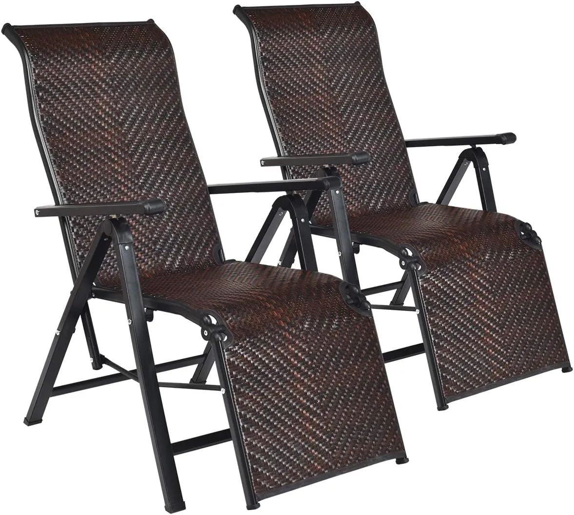 Tangkula 2 Pcs Folding Reclining Rattan Chair, Portable Chaise Lounge Chair w/Adjustable Positions, Outdoor Lounge Chair with Wide Armrest, Sturdy Steel Frame for Garden, Patio, Beach (2)