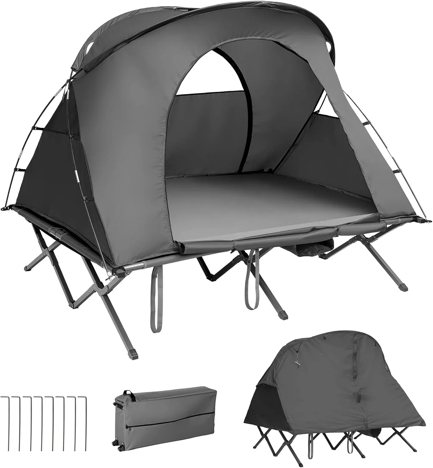 Tangkula 2-Person Tent Cot, 4-in-1 Folding Tent with Waterproof Rainfly, Self-Inflating Mattress & Roller Carrying Bag, Portable Off Ground Elevated Tent with Shoe Storage Pocket & Lamp Hook