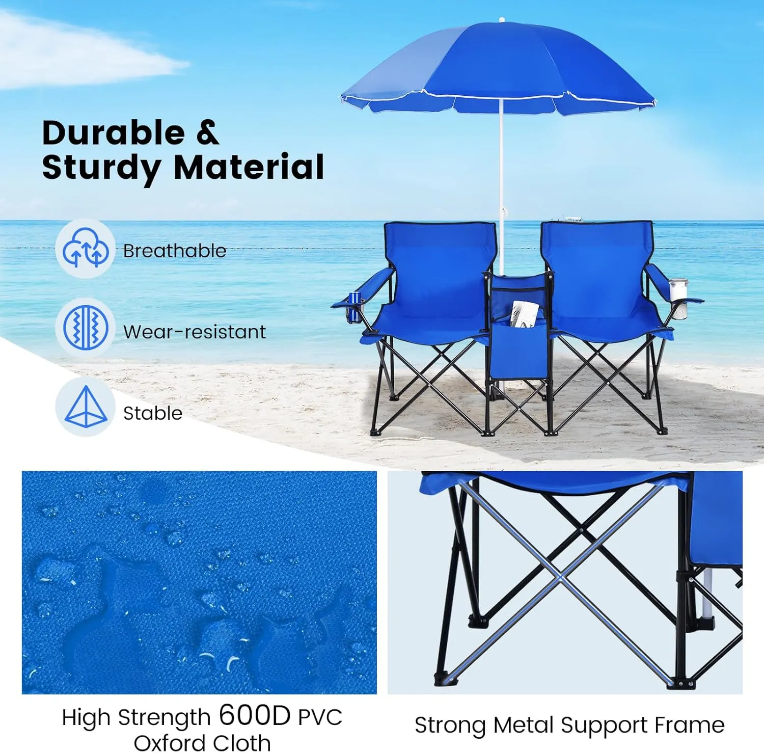 Tangkula Double Camping Chairs with Umbrella, Portable 2 Seat Folding Camp Chair with Cooler Bag, Beverage Holder, Carrying Bag, Foldable Lawn Chair for Outside, Fishing, Picnic,Beach