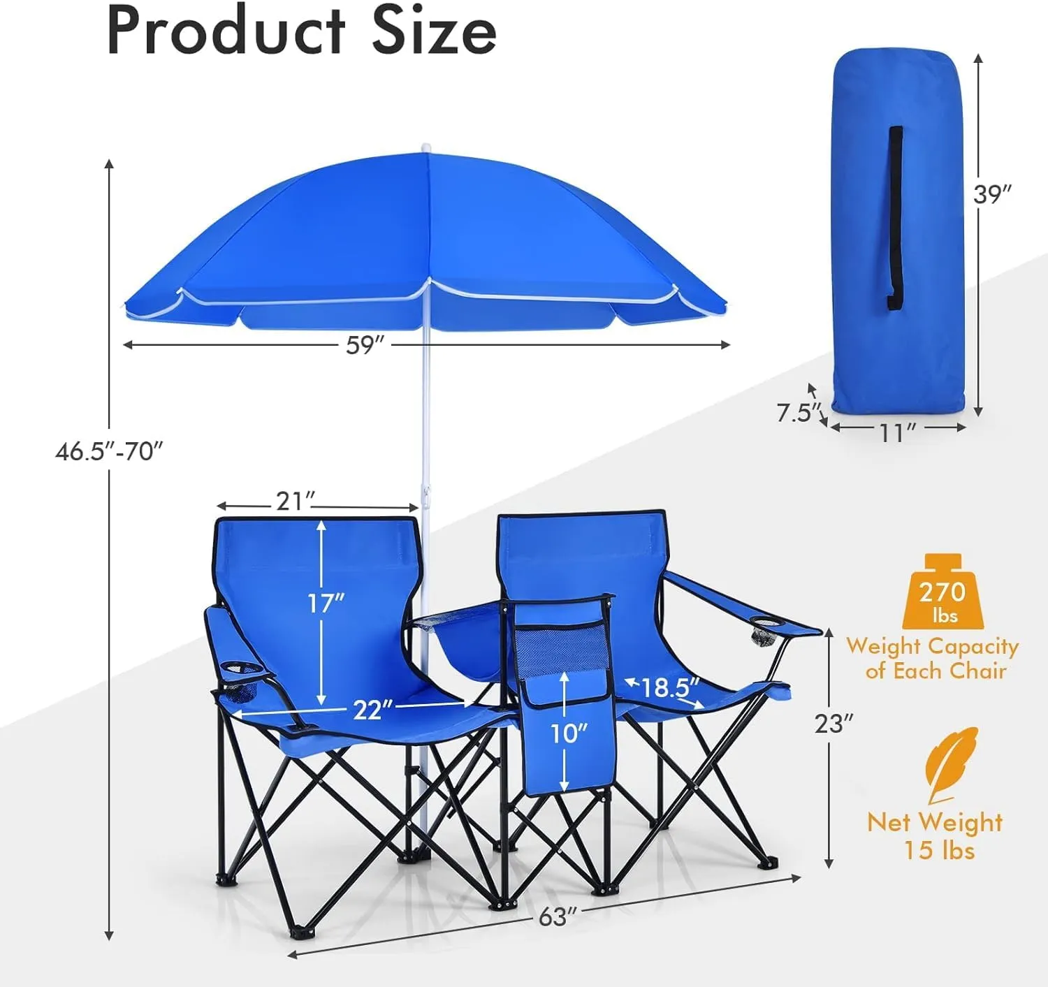 Tangkula Double Camping Chairs with Umbrella, Portable 2 Seat Folding Camp Chair with Cooler Bag, Beverage Holder, Carrying Bag, Foldable Lawn Chair for Outside, Fishing, Picnic,Beach