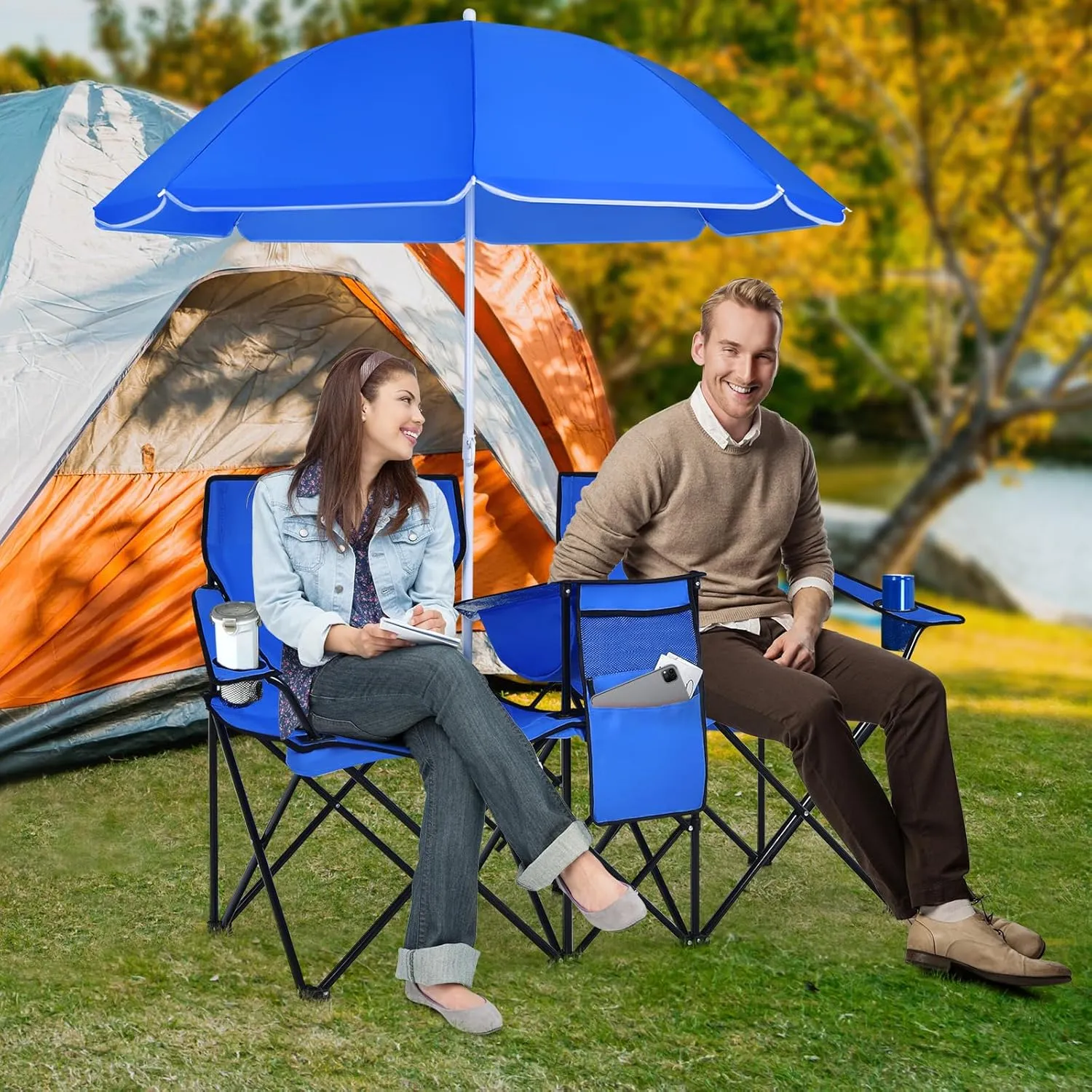 Tangkula Double Camping Chairs with Umbrella, Portable 2 Seat Folding Camp Chair with Cooler Bag, Beverage Holder, Carrying Bag, Foldable Lawn Chair for Outside, Fishing, Picnic,Beach
