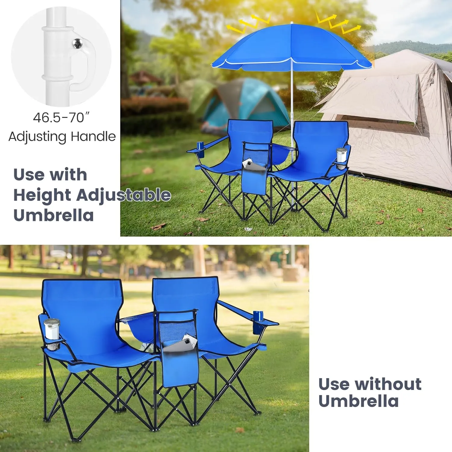 Tangkula Double Camping Chairs with Umbrella, Portable 2 Seat Folding Camp Chair with Cooler Bag, Beverage Holder, Carrying Bag, Foldable Lawn Chair for Outside, Fishing, Picnic,Beach