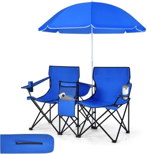 Tangkula Double Camping Chairs with Umbrella, Portable 2 Seat Folding Camp Chair with Cooler Bag, Beverage Holder, Carrying Bag, Foldable Lawn Chair for Outside, Fishing, Picnic,Beach