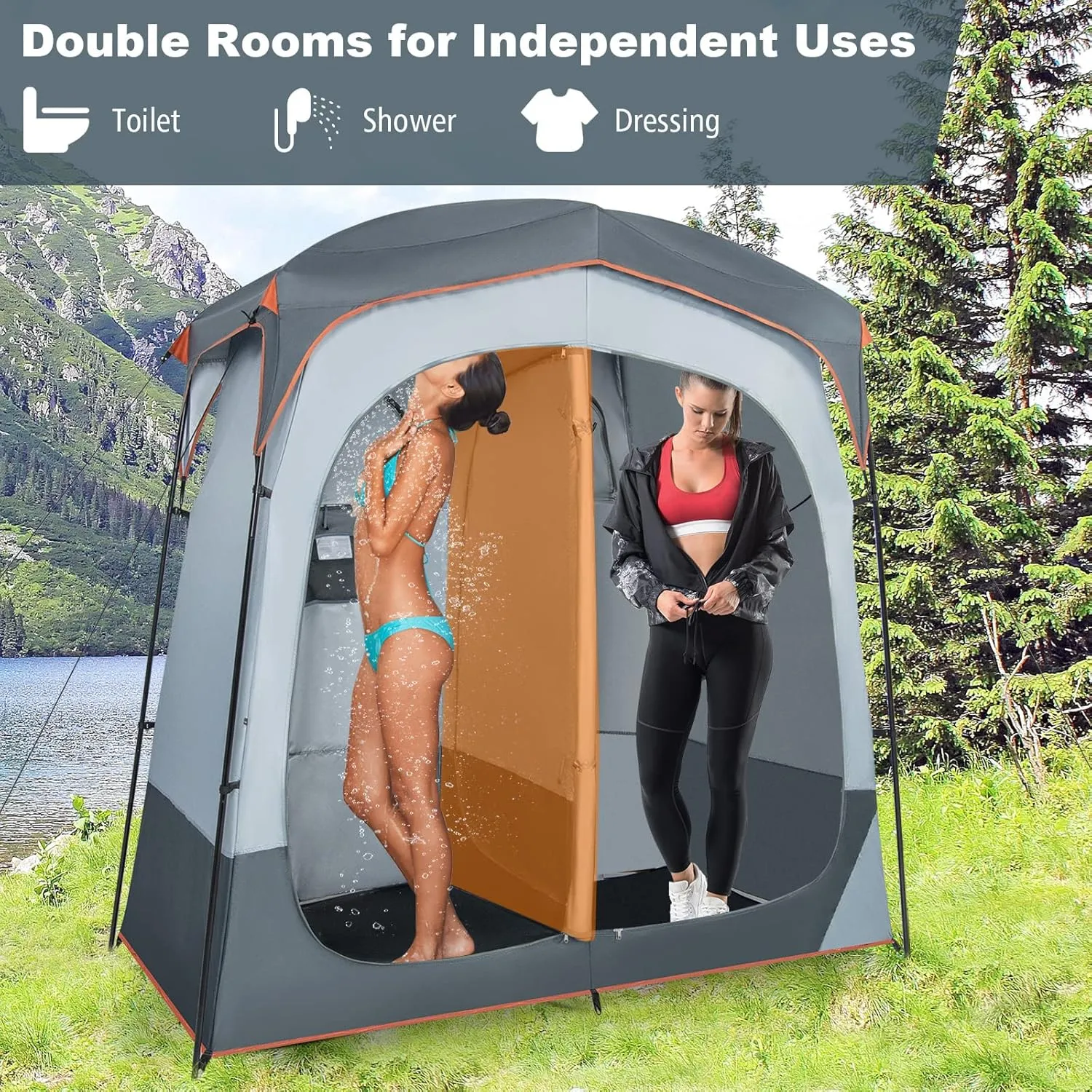 Tangkula Double Room Shower Tent, Oversize Space Privacy Tent with Floor, Removable Rain Fly, Inside Pocket, Clothesline, Top Hook, Portable Outdoor Changing Tent for Dressing, Camping, Toilet