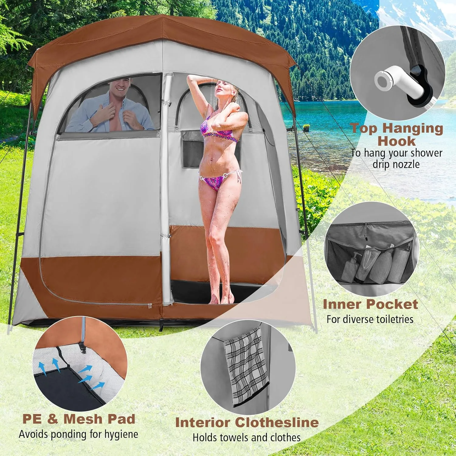 Tangkula Double Room Shower Tent, Oversize Space Privacy Tent with Floor, Removable Rain Fly, Inside Pocket, Clothesline, Top Hook, Portable Outdoor Changing Tent for Dressing, Camping, Toilet