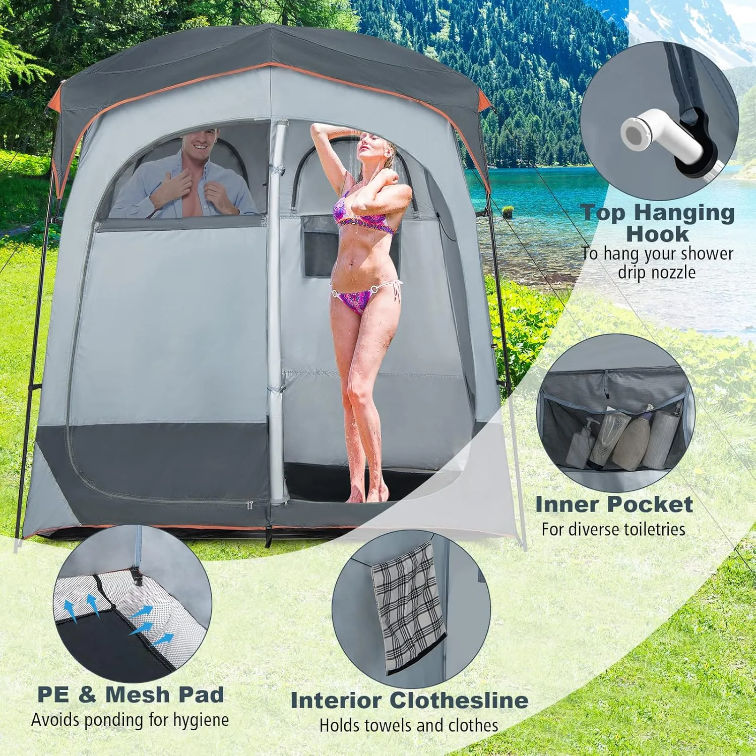 Tangkula Double Room Shower Tent, Oversize Space Privacy Tent with Floor, Removable Rain Fly, Inside Pocket, Clothesline, Top Hook, Portable Outdoor Changing Tent for Dressing, Camping, Toilet