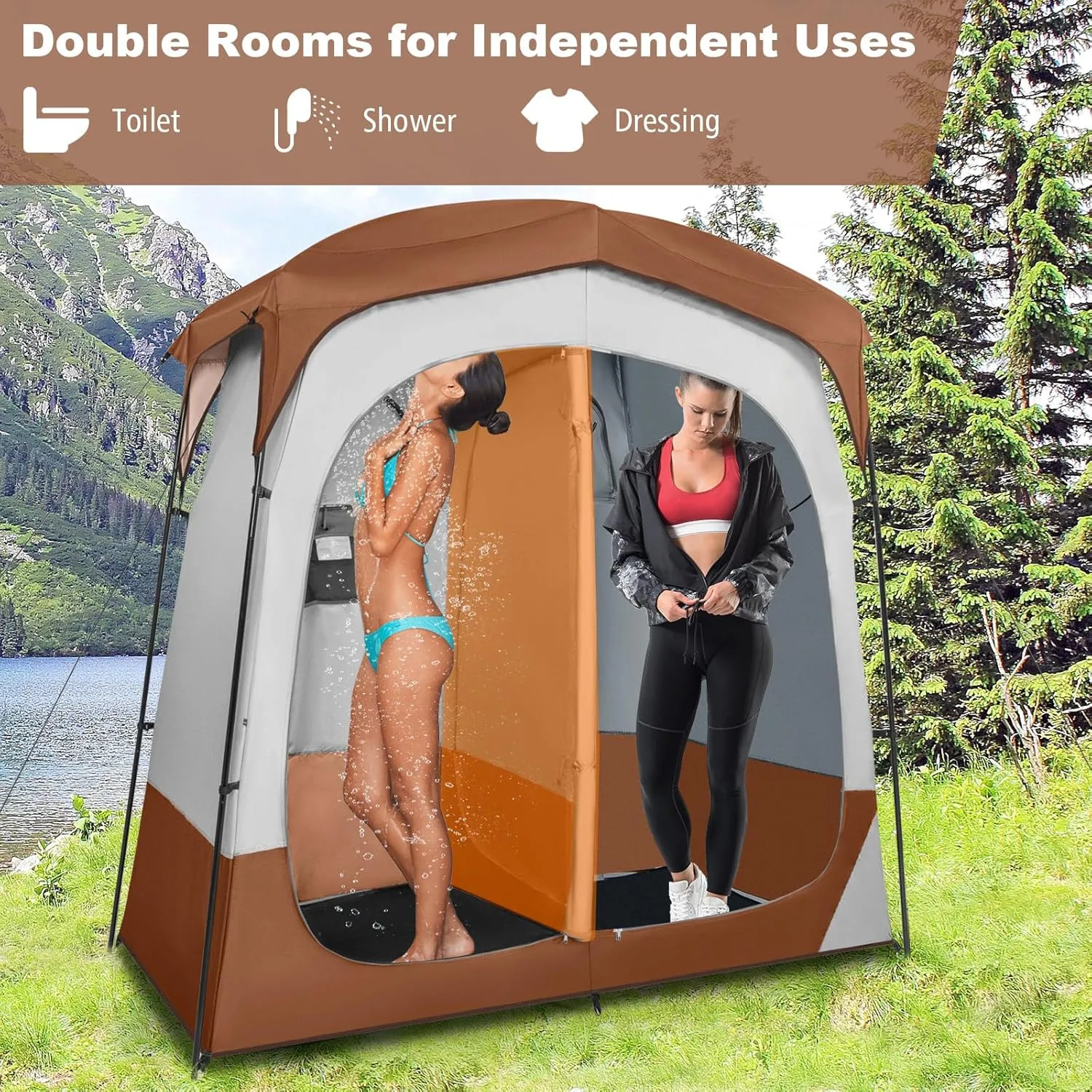 Tangkula Double Room Shower Tent, Oversize Space Privacy Tent with Floor, Removable Rain Fly, Inside Pocket, Clothesline, Top Hook, Portable Outdoor Changing Tent for Dressing, Camping, Toilet