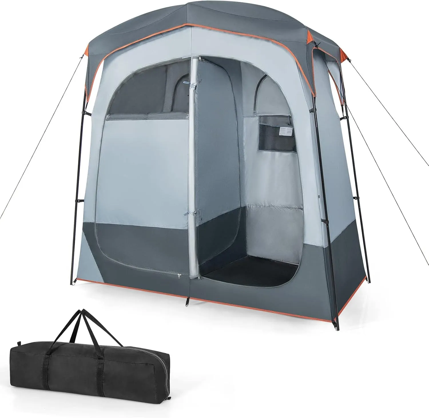 Tangkula Double Room Shower Tent, Oversize Space Privacy Tent with Floor, Removable Rain Fly, Inside Pocket, Clothesline, Top Hook, Portable Outdoor Changing Tent for Dressing, Camping, Toilet