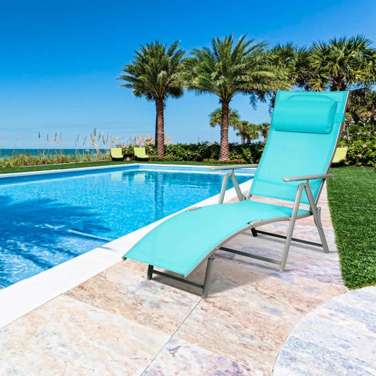 Tangkula Outdoor Folding Chaise Lounge Chair, Lightweight Recliner Chair w/ 7 Adjustable Backrest Positions, Patio Reclining Beach w/Removable Cushion & Pillow for Patio Poolside No Assembly Required