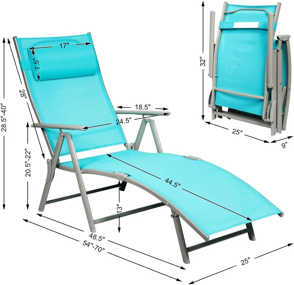 Tangkula Outdoor Folding Chaise Lounge Chair, Lightweight Recliner Chair w/ 7 Adjustable Backrest Positions, Patio Reclining Beach w/Removable Cushion & Pillow for Patio Poolside No Assembly Required