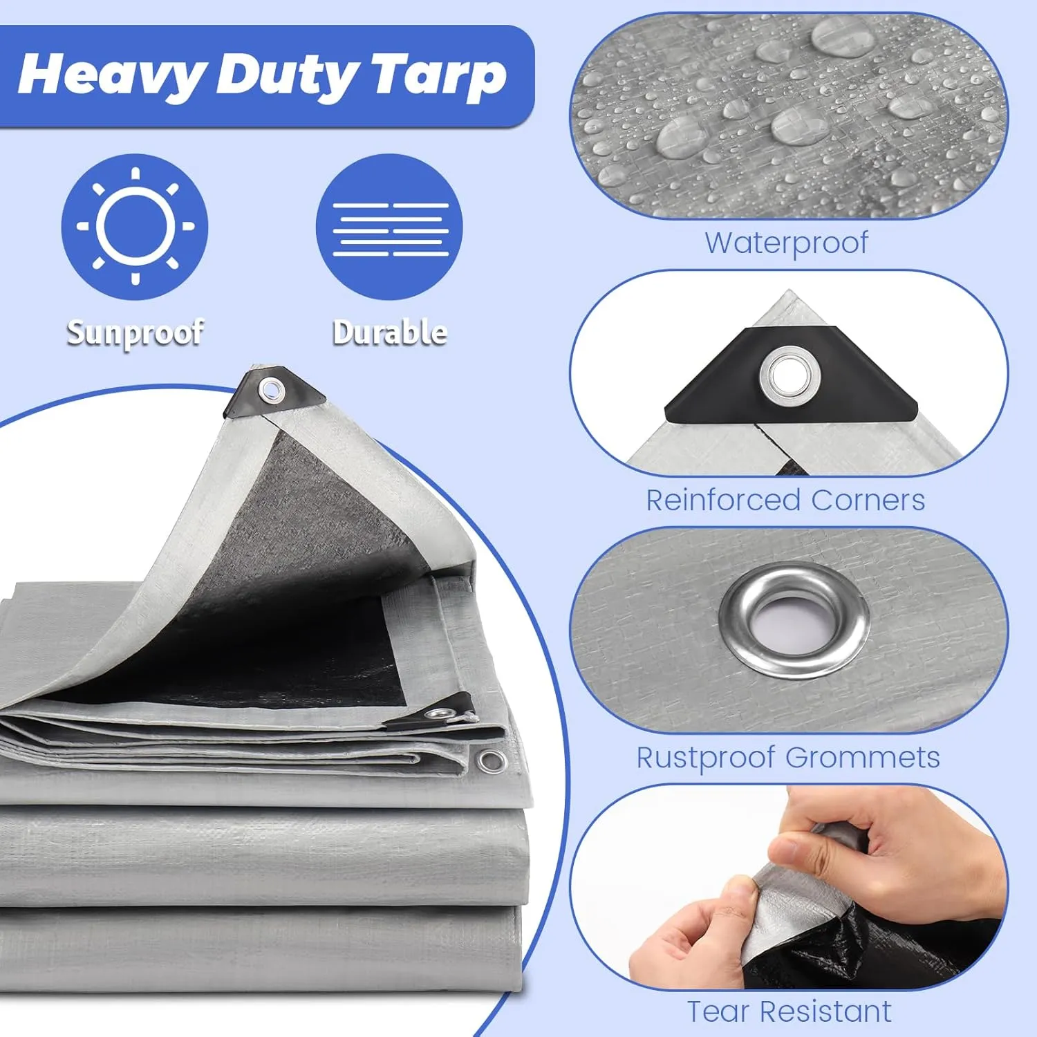 Tarp Waterproof Heavy Duty 10’ x 20’, Tarps 14 Mil Thick Tear and UV Resistant Outdoor Tarp with Grommets and Reinforced Edges for Camping Tent Roof (10 x 20 FT)