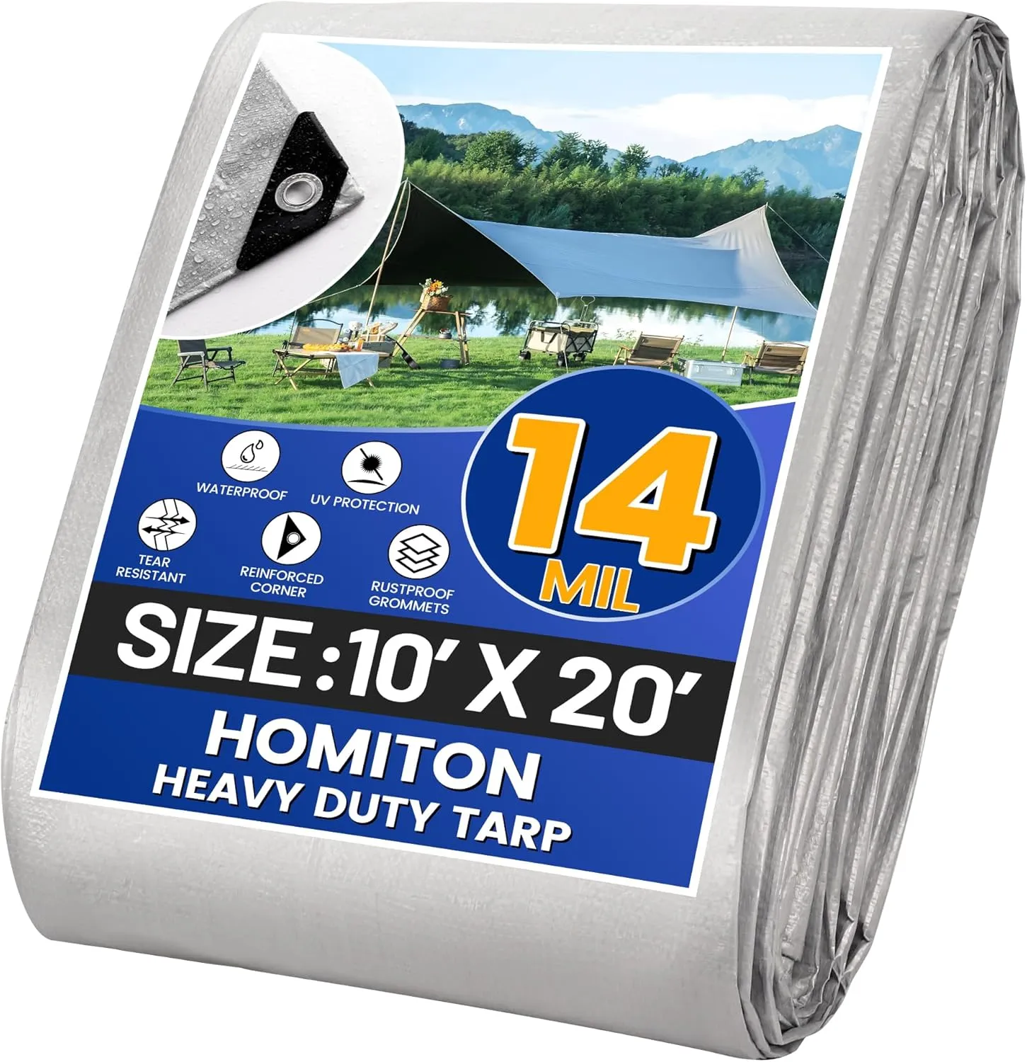 Tarp Waterproof Heavy Duty 10’ x 20’, Tarps 14 Mil Thick Tear and UV Resistant Outdoor Tarp with Grommets and Reinforced Edges for Camping Tent Roof (10 x 20 FT)