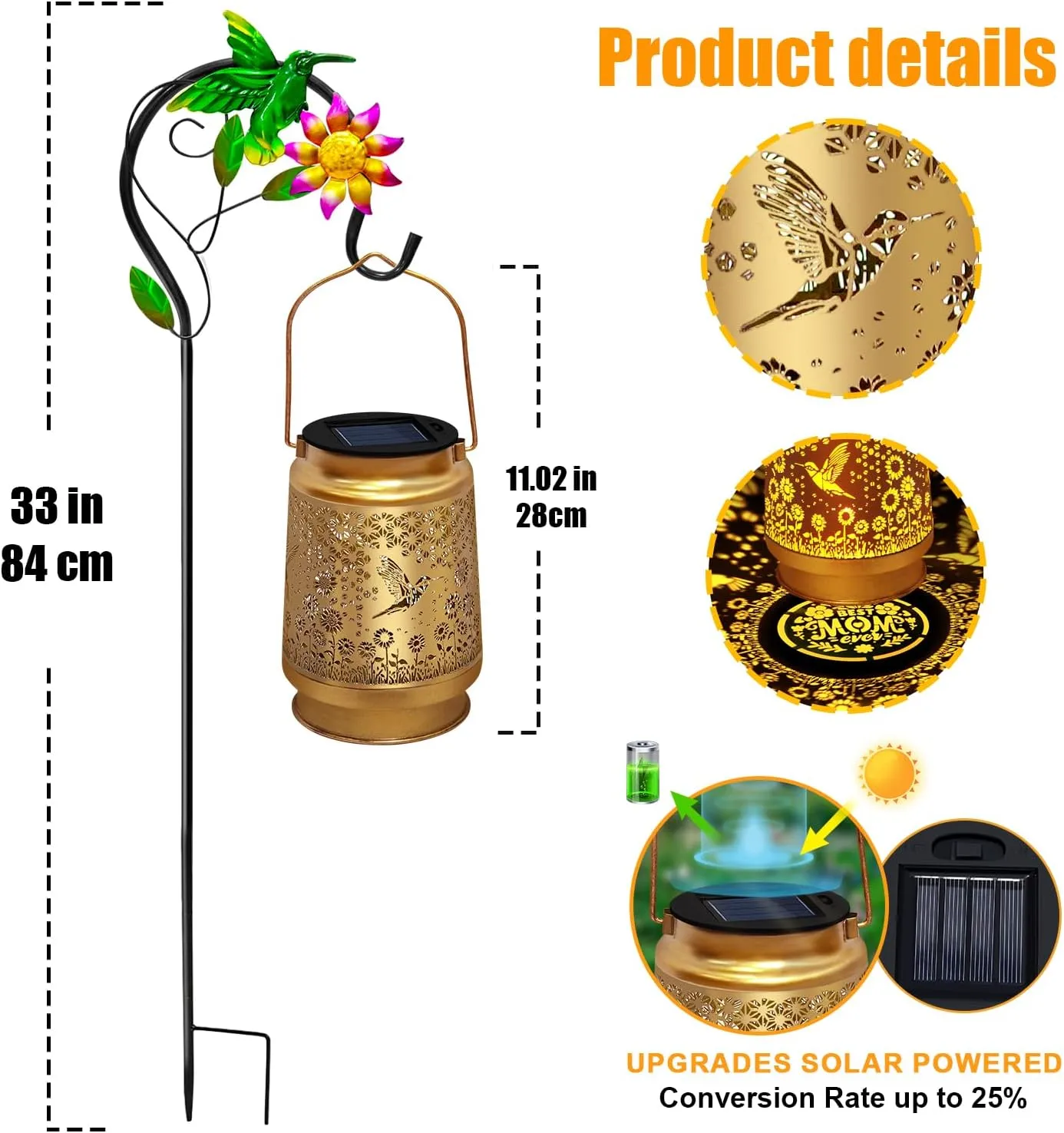 TEDOF Hummingbird Solar Lanterns Outdoor Waterproof,Metal Garden Decor with Sheep Hook for Yard Backyard Porch Landscape,Mothers Day Gifts for Mom Woman Grandma
