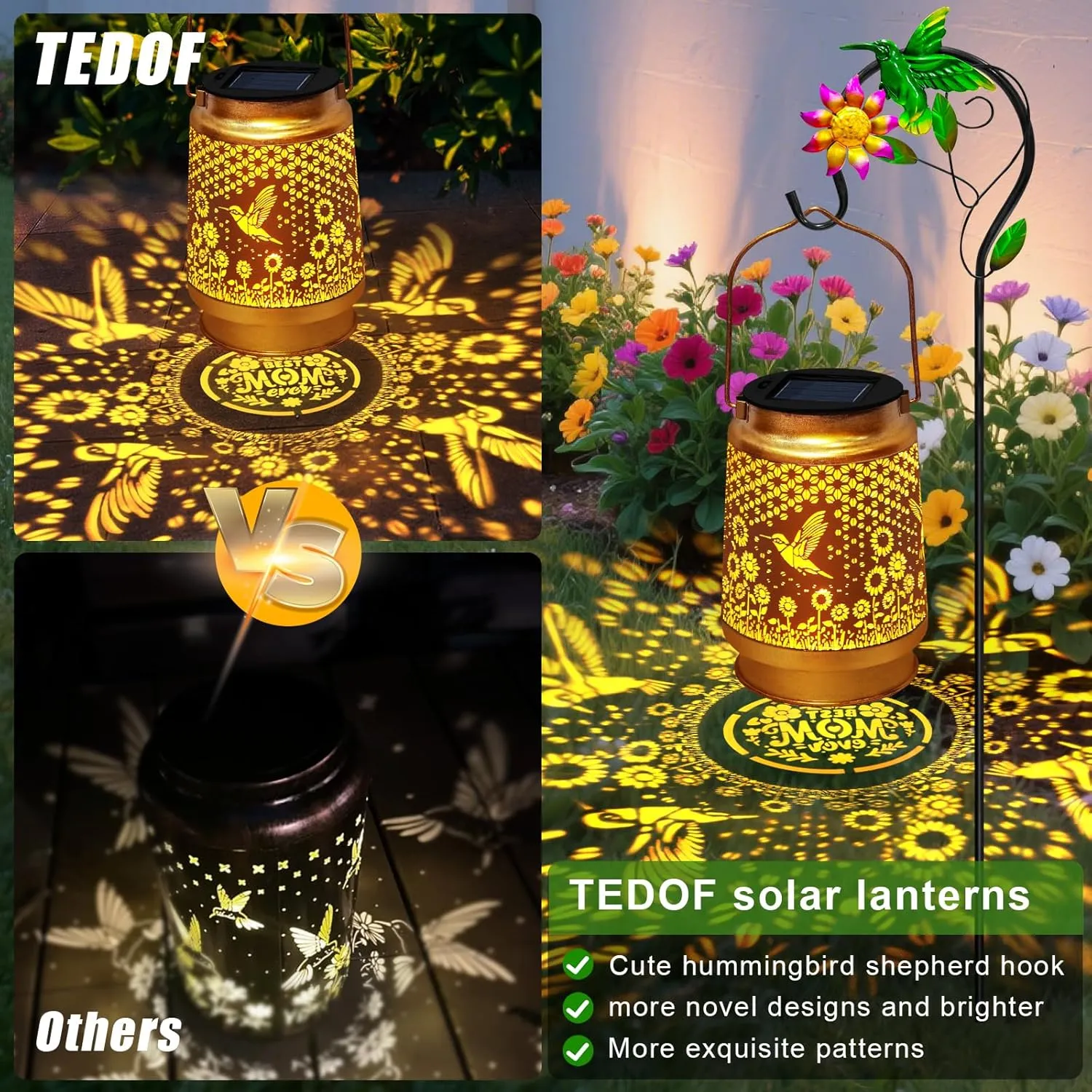 TEDOF Hummingbird Solar Lanterns Outdoor Waterproof,Metal Garden Decor with Sheep Hook for Yard Backyard Porch Landscape,Mothers Day Gifts for Mom Woman Grandma
