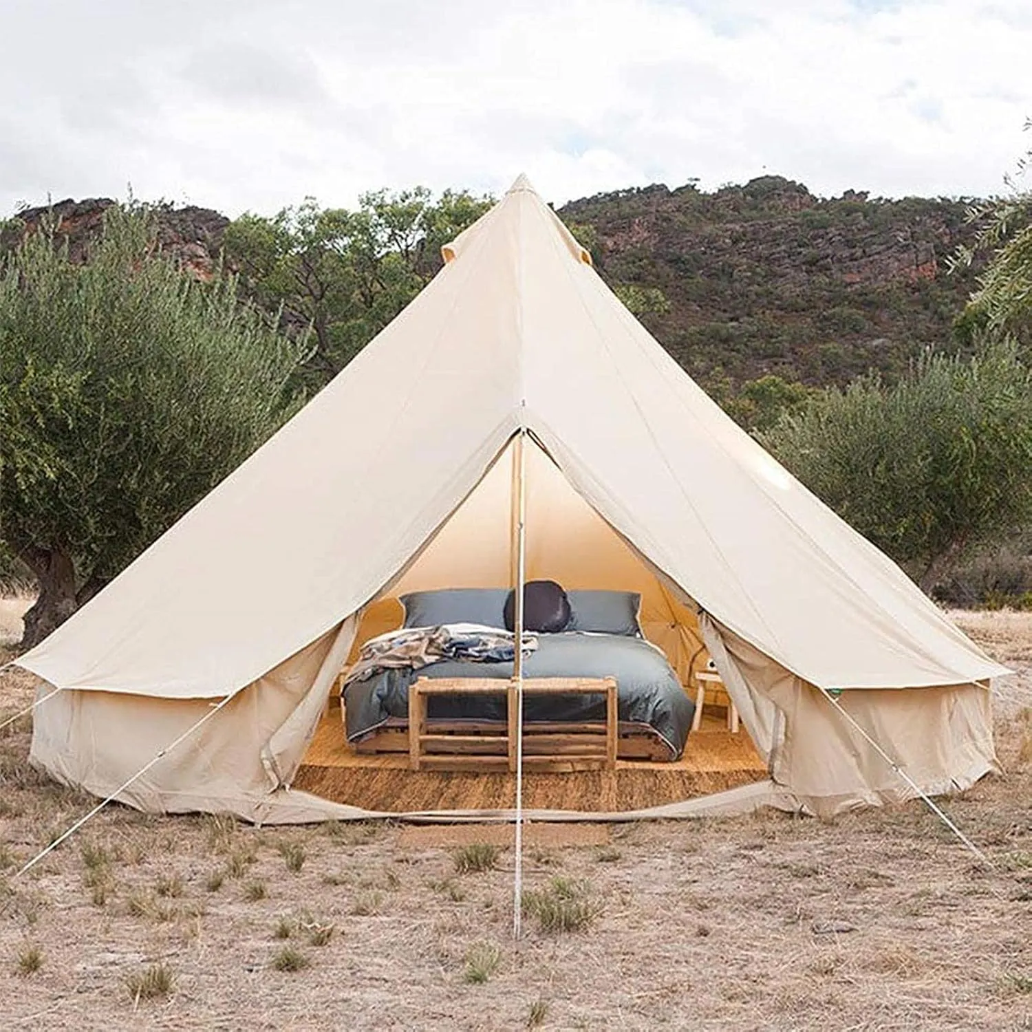 Tent Canvas Tent with Stove Hole Cotton Canvas Tents Yurt Tent for Camping 4-Season Waterproof Tent for Family Camping Outdoor Glamping, Luxury Teepee (B 4M)
