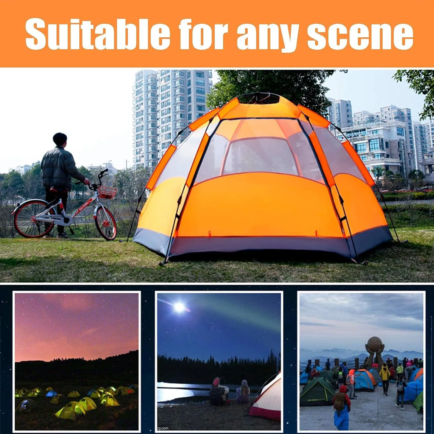 Tent Outdoor Rain Shelter, Pop Up Tent for 3 to 4 Person Automatic Opening Tent Hexagonal, UV Protected Family Camping, for Camping Backpacking Hiking Beach Outdoor, Orange