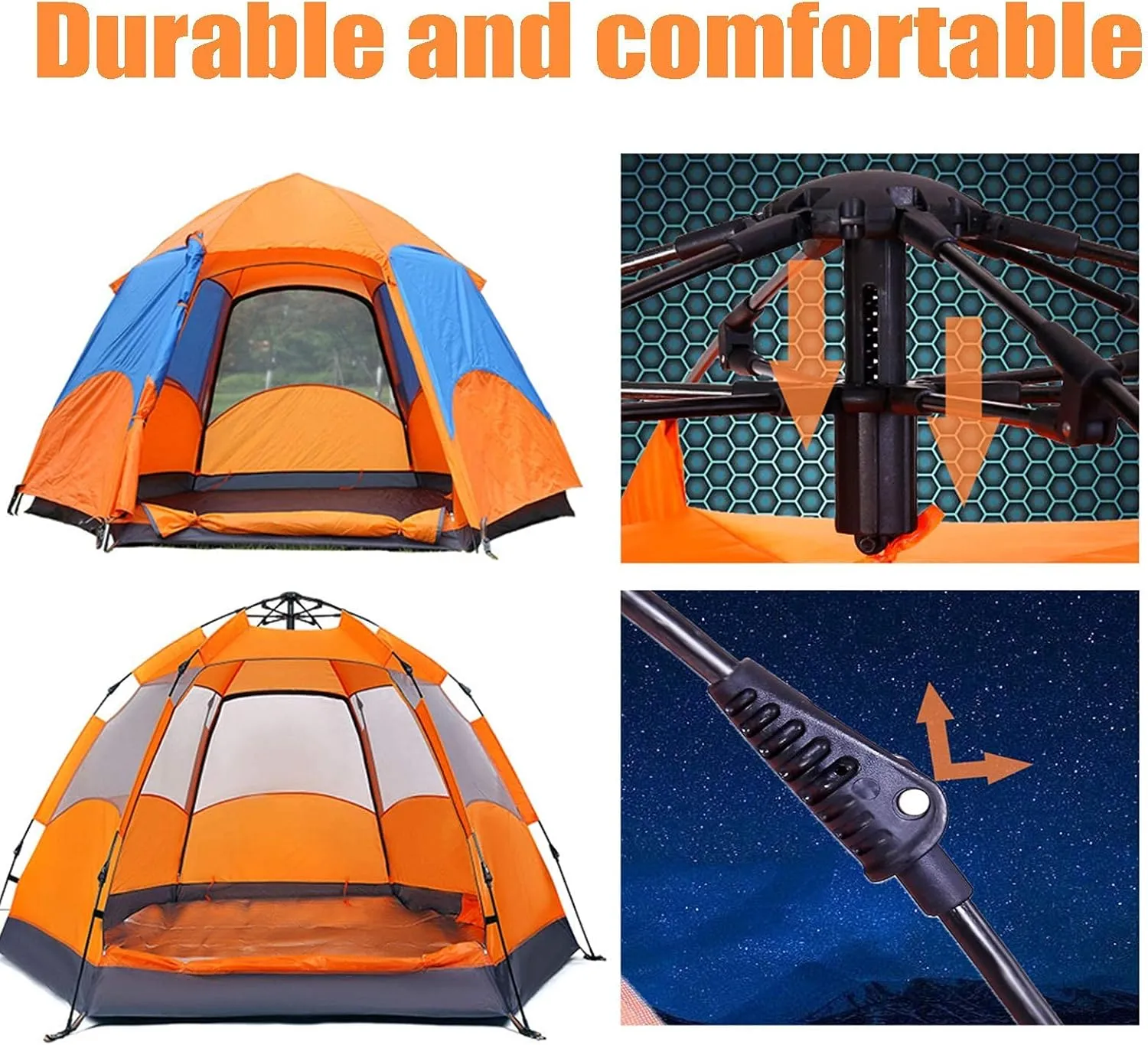 Tent Outdoor Rain Shelter, Pop Up Tent for 3 to 4 Person Automatic Opening Tent Hexagonal, UV Protected Family Camping, for Camping Backpacking Hiking Beach Outdoor, Orange
