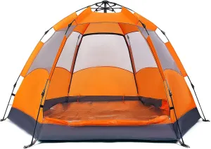 Tent Outdoor Rain Shelter, Pop Up Tent for 3 to 4 Person Automatic Opening Tent Hexagonal, UV Protected Family Camping, for Camping Backpacking Hiking Beach Outdoor, Orange