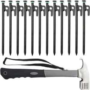 Tent Stakes Camping Hammer Accessories Set , 12Pcs Heavy Duty 8in Tent Stakes, 1Pce Camping Hammer (Gray) Forged Steel Unbent Tent Pegs-Ideal Camping Stakes for Rocky/Hard Places
