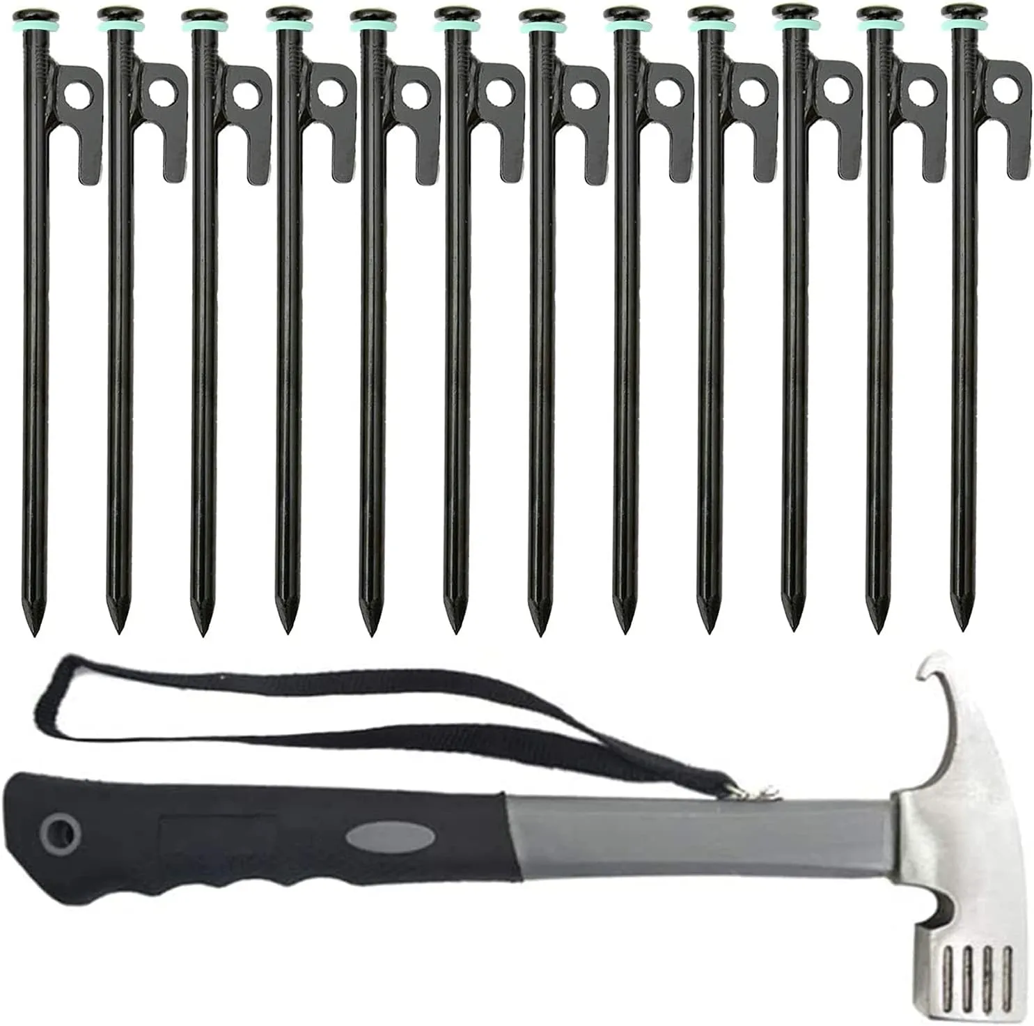 Tent Stakes Camping Hammer Accessories Set , 12Pcs Heavy Duty 8in Tent Stakes, 1Pce Camping Hammer (Gray) Forged Steel Unbent Tent Pegs-Ideal Camping Stakes for Rocky/Hard Places