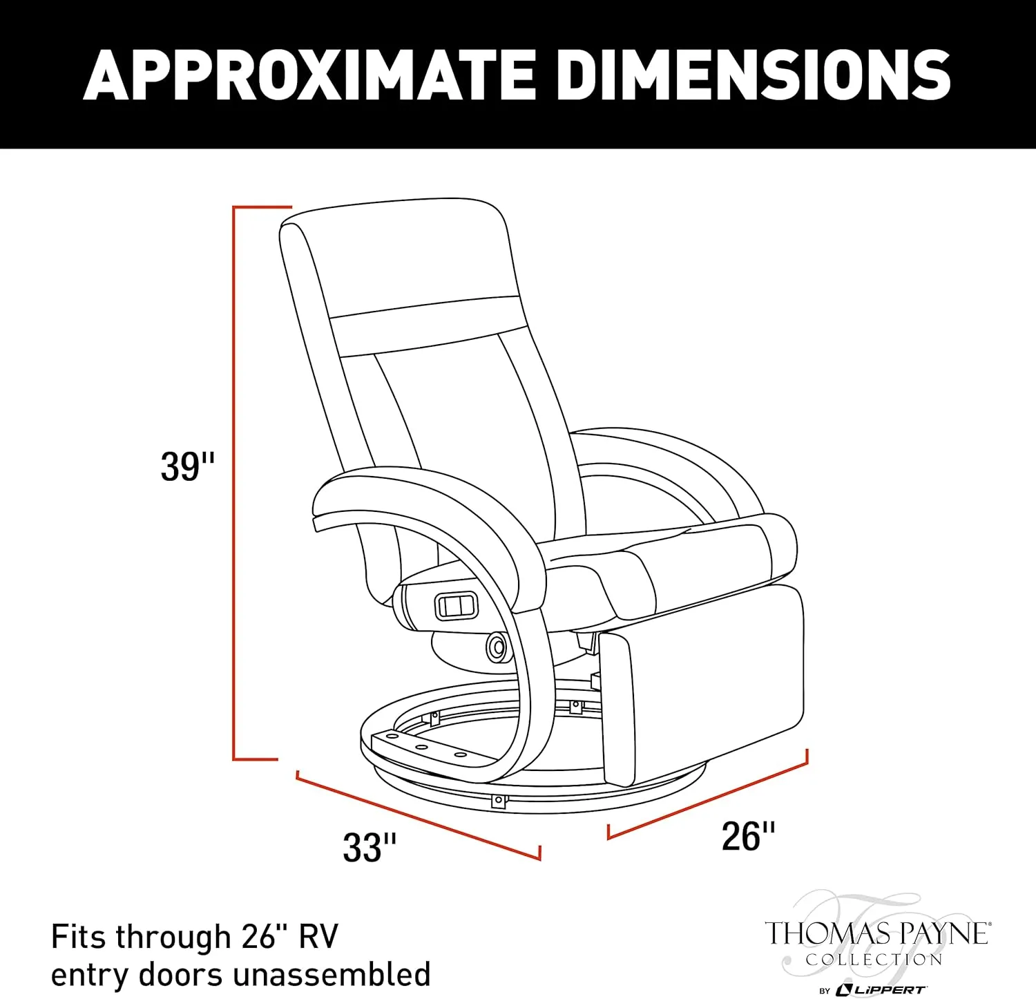 Thomas Payne RV Euro Recliner with Footrest, 360-Degree Swivel, Manual Recline, Measures 26" W x 33" D x 39" H, PolyHyde Vinyl Fabric, Grummond - 2020129901